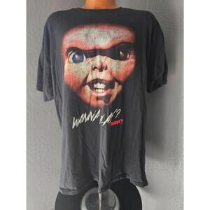 Men's Chucky Shirt Wanna Play? Cracked Logo Size XX Large Short Sleeve Black 2XL